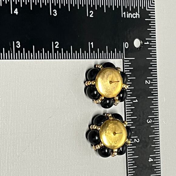 Black Beaded Flower Earrings Gold Trim Statement Studs Vintage Style Bold - Picture 4 of 4